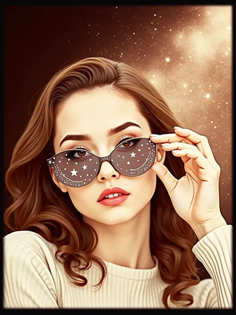 The model is wearing glass sunglasses with stars and the moon on the glass