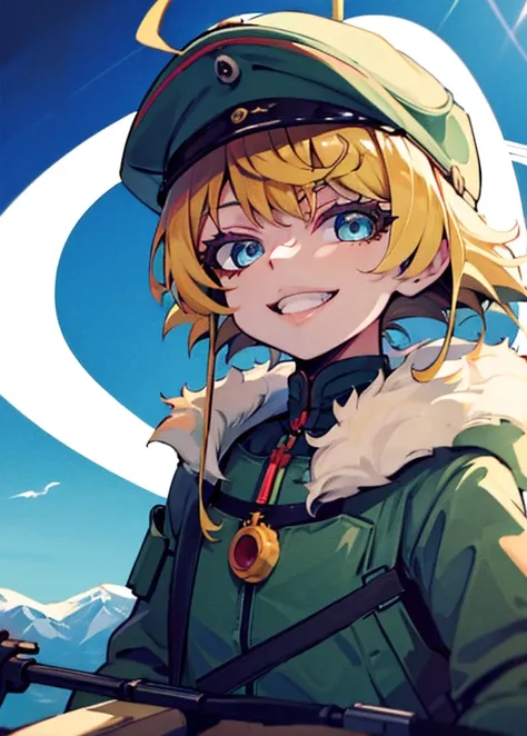 tanya,Tanya Degurechaff, tanyatheevil, military uniform, blonde hair, blue eyes, ahoge, boots,,3000m above the sky,fly in the blue sky,upper body,pov,face focus,flight suit,flight cap,prone,with a bolt action rifle,look at the viewer,body_armor,fur-trimmed...