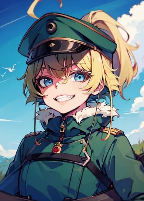 tanya,Tanya Degurechaff, tanyatheevil, military uniform, blonde hair, blue eyes, ahoge, boots,,3000m above the sky,fly in the blue sky,upper body,pov,face focus,flight suit,flight cap,prone,with a bolt action rifle,look at the viewer,body_armor,fur-trimmed...