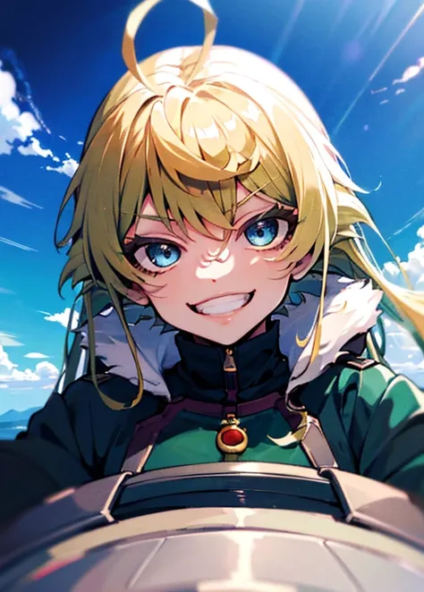 tanya,Tanya Degurechaff, tanyatheevil, military uniform, blonde hair, blue eyes, ahoge, boots,,3000m above the sky,fly in the blue sky,upper body,pov,face focus,flight suit,flight cap,prone,with a bolt action rifle,look at the viewer,body_armor,fur-trimmed...