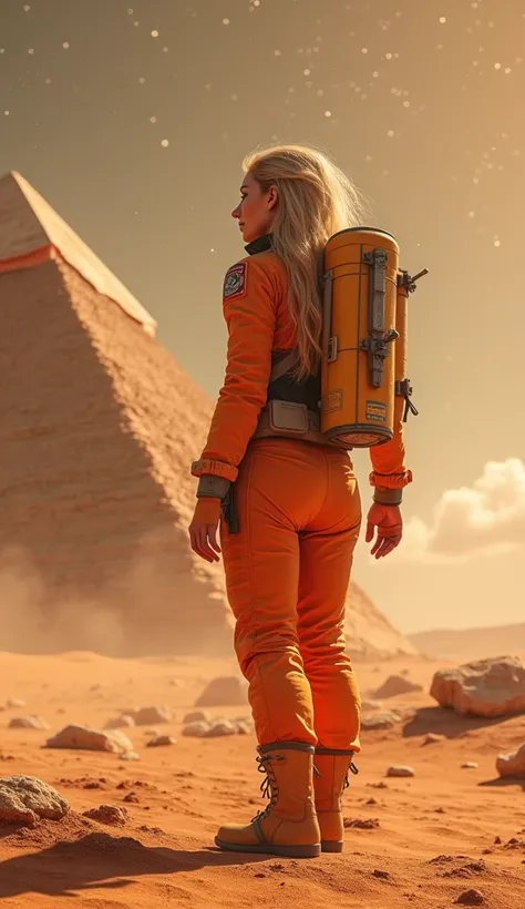  beautiful american woman with long blonde hair, wearing an orange astronaut suit with orange armor bikini, has an oxygen tank on her back, standing with her back to Mars, in front of her is a large pyramid, there is a lot of dust covering it, there are st...