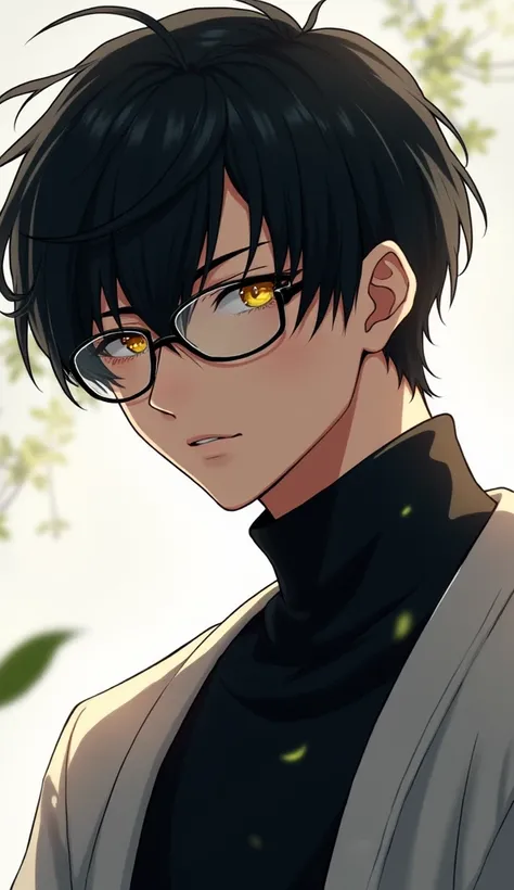 1boy,  looking at the spectator,  high resolution,  yellow eyes ,  black hair,  Anime style, , anime style,, strong body Cabelo cortina, suéter preto e branco Corte de cabelo tigela, Com óculos, 