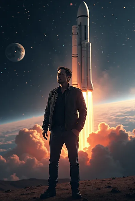 Elon Musk with rocket in space 