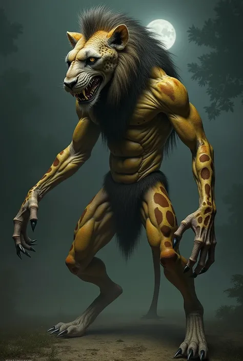 A horrifying and realistic hybrid creature that combines the features of a giraffe and a lion. The creature has the towering, elongated neck of a giraffe, but it is muscular and covered in patches of golden fur and a dark, bristling lions mane extending do...