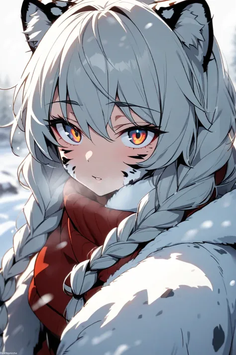  snow leopard girl in a white fur coat,  with two lush braids , with bright eyes ,  red azores on her face ,  Beautiful, dangerous, cold,  athletic build  