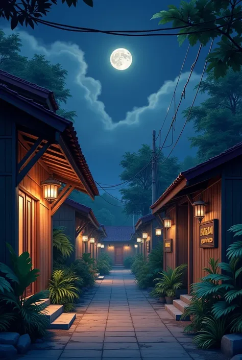 "A serene night scene in the city of Waingapu, blending traditional Indonesian charm with a calm and refreshing atmosphere. A narrow street with local-style wooden buildings, soft glowing lanterns, and rustic signs in Indonesian script. The pathway is clea...