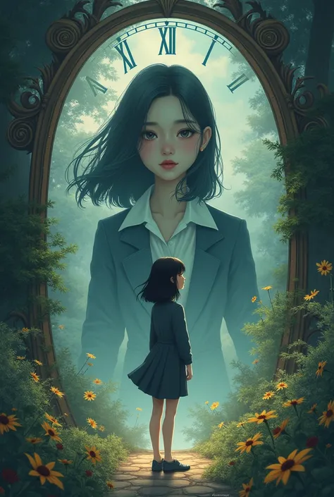 Create a picture with a breathtaking background like fairytales but incorporate these:


The picture should have a college girl in black shoulder-length hair, no bangs, beautiful. Ill also appreciate if there is a mirror in front of her with a grown reflec...