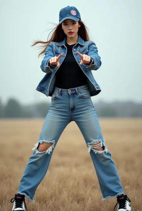 full HD 8k realistic photo, 30 year old Korean woman, ideal body with glamorous skin, wearing a ripped blue jeans hat with "MG" logo, denim jeans jacket with black t-shirt, ripped levis jeans and black and white jordan shoes, the woman is seen standing fac...