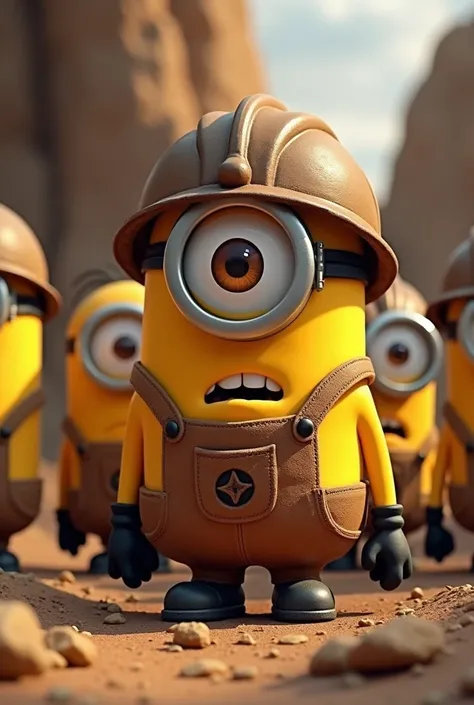 minion characters, dressed in mine, golden brown, one eye in the middle