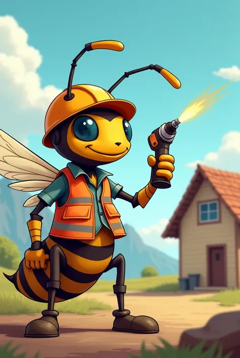  on the drill Make me a drawing of a wasp with a drill and uniform working outside the roof of a remote house not so close, Let it be like a drawing that bears the name  "Angel" ,  look a little more like a cartoon or animation similar to the one you just ...