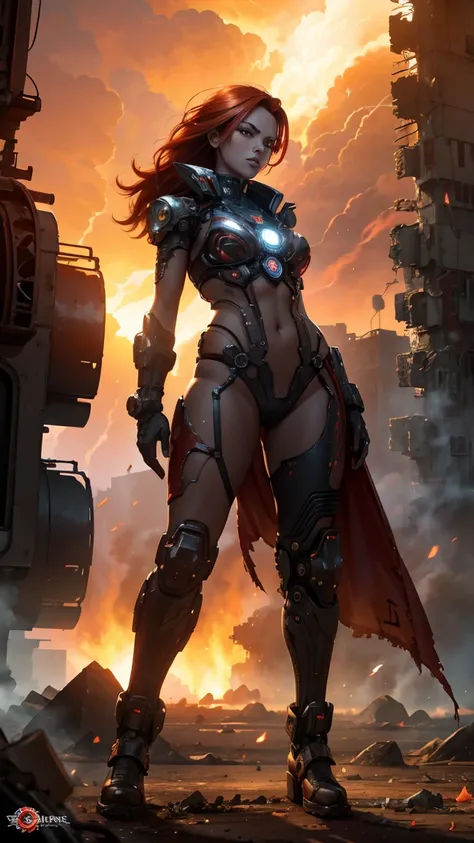 Beautiful, futuristic female cyborg with vibrant red hair flowing around her, intricate metallic enhancements, and sleek, seamless cybernetic features, wielding a high-tech weapon. She stands amidst a desolate, post-apocalyptic wasteland, the environment r...