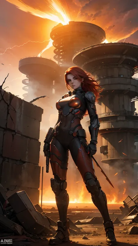 Beautiful, futuristic female cyborg with vibrant red hair flowing around her, intricate metallic enhancements, and sleek, seamless cybernetic features, wielding a high-tech weapon. She stands amidst a desolate, post-apocalyptic wasteland, the environment r...