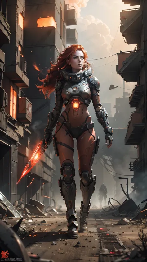 Beautiful, futuristic female cyborg with vibrant red hair flowing around her, intricate metallic enhancements, and sleek, seamless cybernetic features, wielding a high-tech weapon. She stands amidst a desolate, post-apocalyptic wasteland, the environment r...