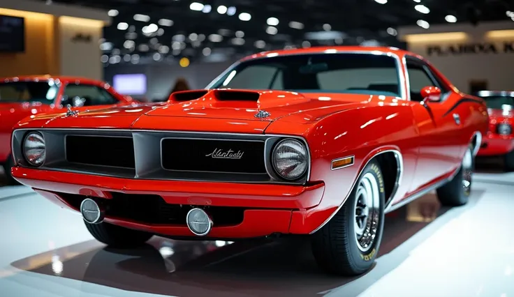 A Sleek And Full HD Realistic Classic Plymouth Barracuda A Red Shiny Exterior And Parked In Auto Show Showroom Front view 