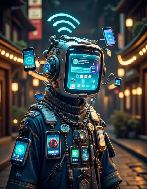 cellphone monster, resembling a small sprite made of technological light, is surrounded by various phone icons and signal ripples. Its head is a tiny phone screen displaying dynamic information. It wears clothing made of technological materials, adorned wi...