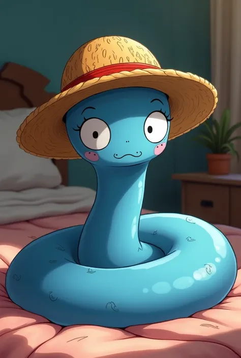 make a worm, Blue, anime style, Luffys Hat, bedroom setting