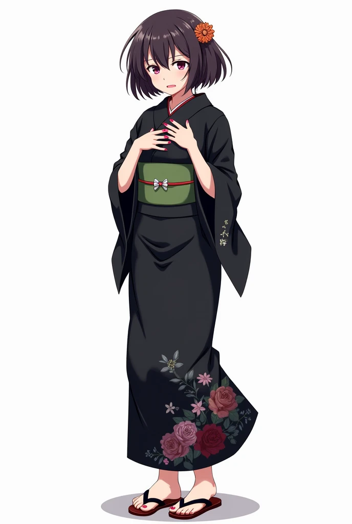 Anime woman with and standing in front of her full legs and geta yukata black and with flowers and worried and with a white background and a full body and with pink nails and with fists on her chest both hands with an emotion of nervousness and with an exp...