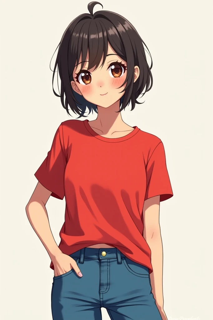 A girl is wearing red T-shirts with Jean pants in anime style