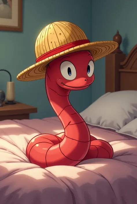 make a worm, Red, anime style, Luffys Hat, bedroom setting