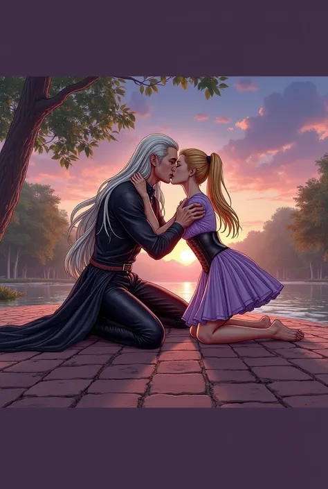  Beautiful,exquisite drawing in the style of a realistic 90s comic. is kneeling on the floor,  Handsome guy с длинными белыми волосами,a light kiss on the lips of European appearance , with grey eyes,  Handsome guy,  Beautiful кожа , Realistic skin, очень ...