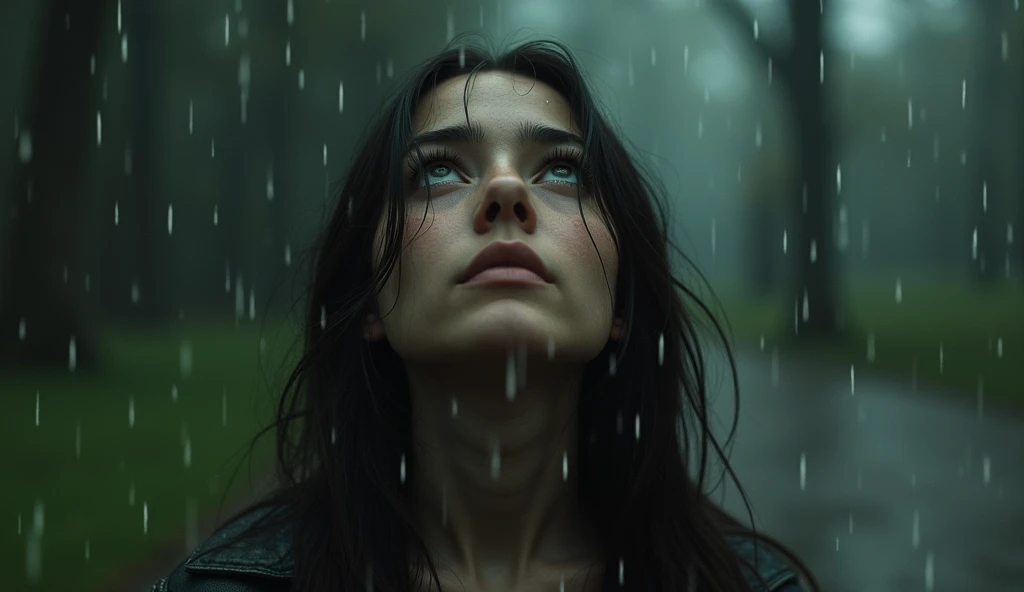 Emotional images with somber tones Sad atmosphere Young woman looks up at the sky where rain falls. Park. Movie style image.