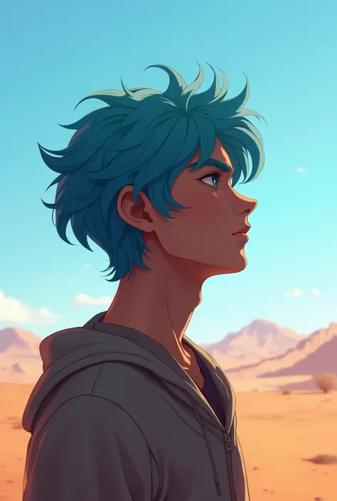  Beautifully drawn ,  silhouette , ultra-detailed CG illustration of a young man with a serene expression, looking into the distance with her stunning light blue hair gently swaying in the desert breeze. The landscape behind him is vast and breathtaking., ...