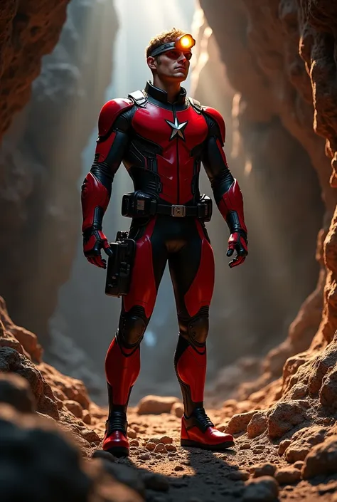 Caver costume complete with headlamp avenger end game outfit color red black back ground inside the cave