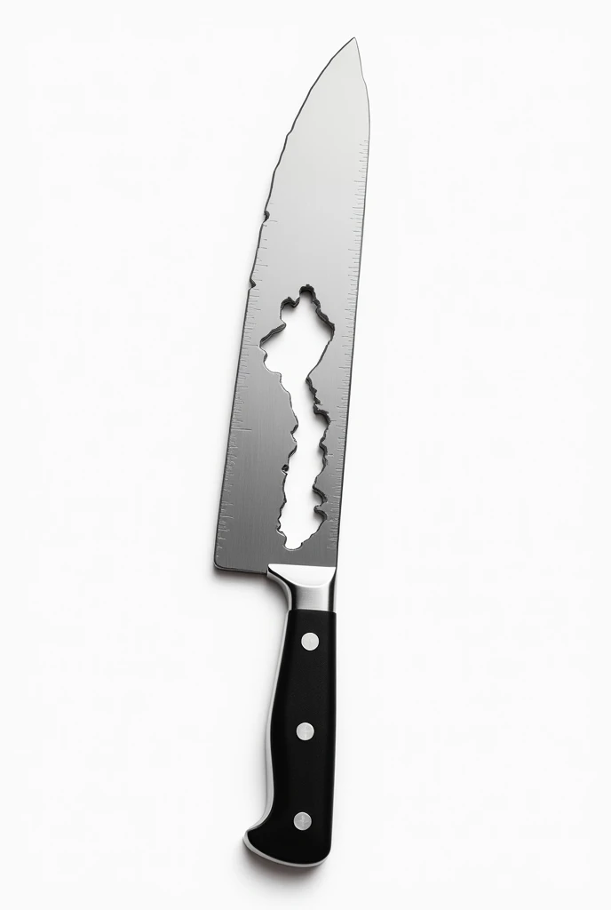 a realistic looking product shot of  single butcher knife with the blade and handle outline shaped like manhattan but the middle part where central park would be is cut out of it as a finger hole and transparent background