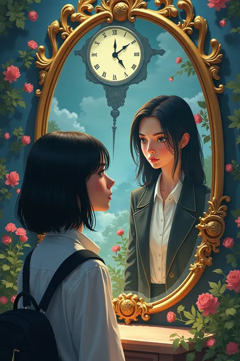 Create a picture with a breathtaking background like fairytales but incorporate these:


The picture should have a college girl in black shoulder-length hair, beautiful. Ill also appreciate if there is a mirror in front of her with a grown reflection, her ...