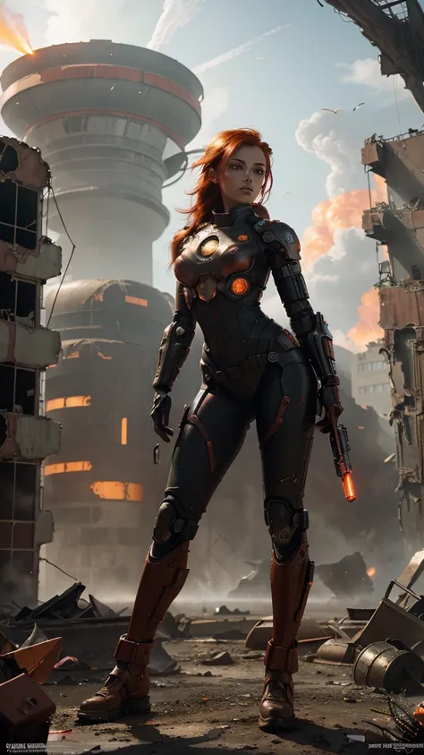 Beautiful, futuristic female cyborg with vibrant red hair flowing around her, intricate metallic enhancements, and sleek, seamless cybernetic features, wielding a high-tech weapon. She stands amidst a desolate, post-apocalyptic wasteland, the environment r...