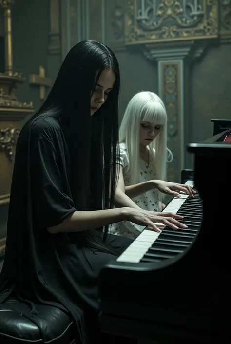 Female Vampire withlong black hair, anorexic, flat chest, teaching albino girl to play piano