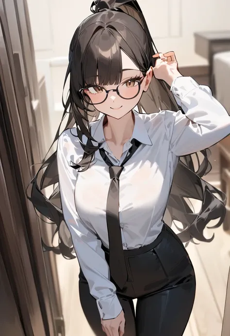 masterpiece, best quality, very aesthetic, absurdres, 1girl, solo, black hair, long hair, bangs over forehead, fluffy hair, hair styled in high ponytail, brown eyes, sirmont16A, glasses, wearing white button shirt and black tie, wearing black pants, smilin...