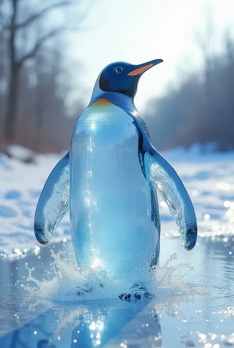 "A surreal and captivating image of a penguin entirely composed of clear, crystalline water, as if sculpted from liquid. The penguin stands upright on an icy surface, with splashes of water radiating around it as if it just emerged. The surrounding environ...