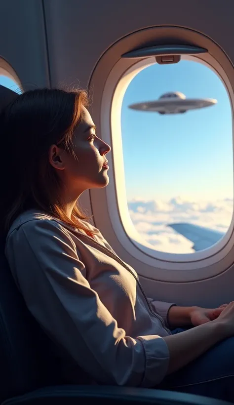 Realistic images, 8k, Sitting on the plane, looking out the window, saw a UFO flying.