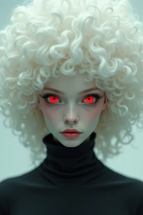  With huge curly white hair,  red eyes 