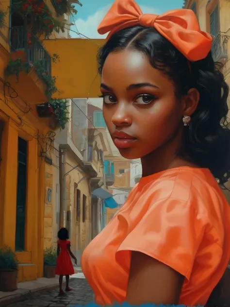 painting of a woman in an orange dress with a bow on her head, diego dayer, stunning artwork, young black woman, black young woman, gorgeous art, beautiful artwork, award-winning oil painting, inspired by Thomas Blackshear, beautiful city black woman only,...