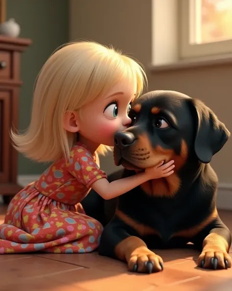 A cute blonde girl with big round eyes in a colorful dress ((kissing a Rottweiler dog 1:1.4)) in an embrace ((very big 1:1.4)) who is lying down with love. The atmosphere is full of love. It is a perfect combination of photographics and 3D Digital.