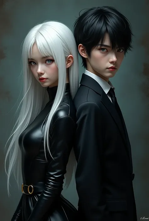 White-haired girl wearing leather dress with black 
And a boy with black hair and formal attire both with gray and blue eyes 