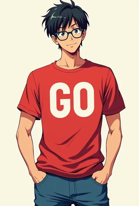 A Man is wearing red and "GO" text center of  a T-shirt, Jean pants, Glasses in anime style