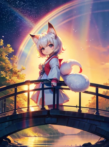 masterpiece、Illustration， best quality， high definition ，8k , Details，((Rainbow Bridge))，Chibi character，(Baby kitsune)