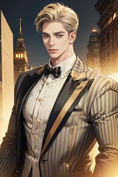 （Exquisite face，highest quality），male，solo，middle aged，uncle，40 years old，robust，super short hair，gangster，Gray gold striped suit，Nobility，（Beard scum：A small amount），Very impressive