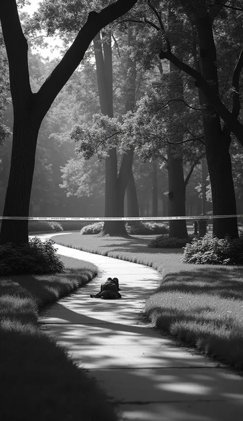 A newspaper headline reading “Mystery Murder Shocks New Jersey” with a black-and-white photo of the park.
