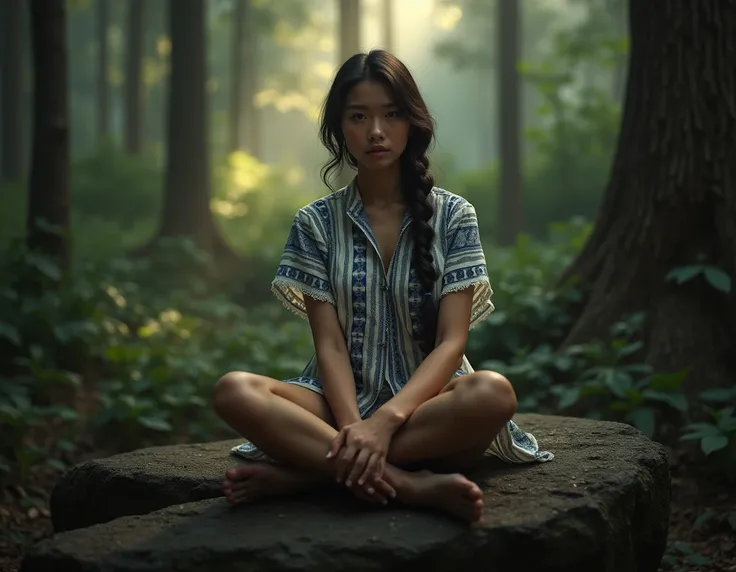 A stunning hyperrealistic full body shot of a striking pale young woman with dark hair, wearing a Nicaraguan tipic Guipil whit and blue, in a forest, she is sitting ona big rock, she is looking straight ahead the camera making a braid in her hair, warm sun...