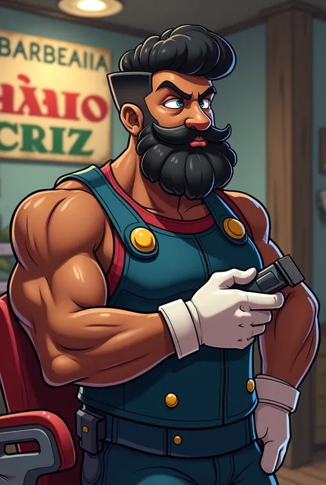  Super Mario Bross logo like a modern black-skinned barber,  honey-colored eyes  , muscular, Big black beard , with a low military haircut with fristyle  ,  a hair clipper in hand , a barber chair in the background  ,  a sign written on the wall "Barbearia...