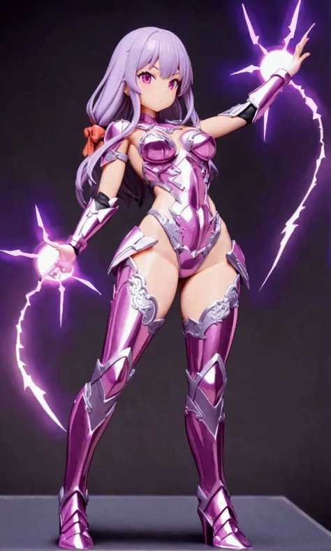 a cute woman (cute, amazing figure, sexy glowing mirrored armor, violet dragon motif, she is a super hero) sexy action poses, battling robots, Tokyo, she can toss violet lightning bolts
