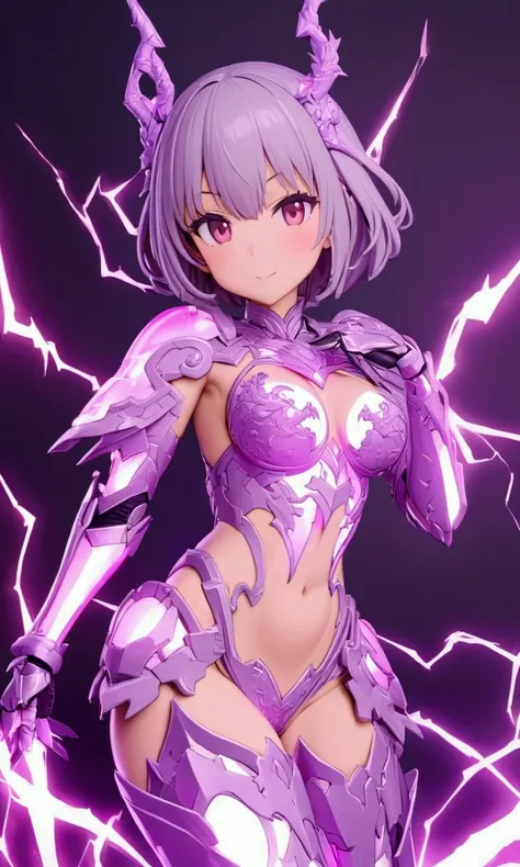 a cute woman (cute, amazing figure, sexy glowing mirrored armor, violet dragon motif, she is a super hero) sexy action poses, battling robots, Tokyo, she can toss violet lightning bolts
