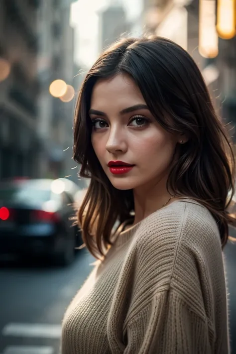 Woman, 30 years, casual clothing, red lips, Surrealism, cinematic lighting, god rays, bokeh, UHD, masterpiece, super detail, high quality