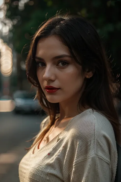 Woman, 30 years, casual clothing, red lips, Surrealism, cinematic lighting, god rays, bokeh, UHD, masterpiece, super detail, high quality