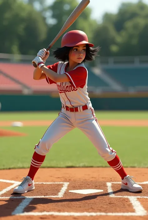 Girl who plays baseball, short black hair and pale, bottomless Indian skin 