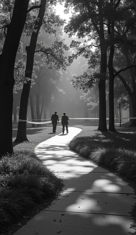 A newspaper headline reading “Mystery Murder Shocks New Jersey” with a black-and-white photo of the park.
